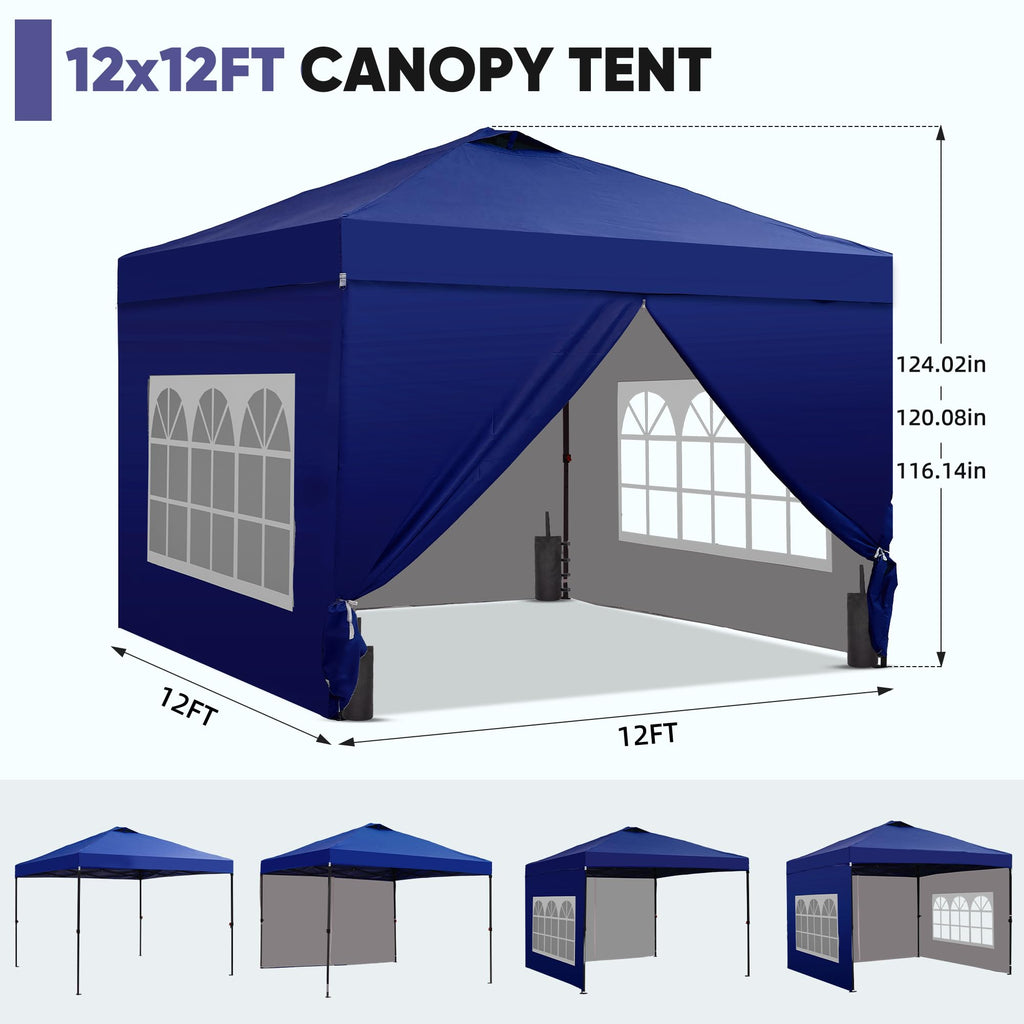 12x12 Pop Up Canopy Tent with 4 Sidewalls, Easy Set up with One Push Lift Gazebo with Wheel Bag and4 Sandbags,Carpas for Events, Parties,Camping, Navy Blue.