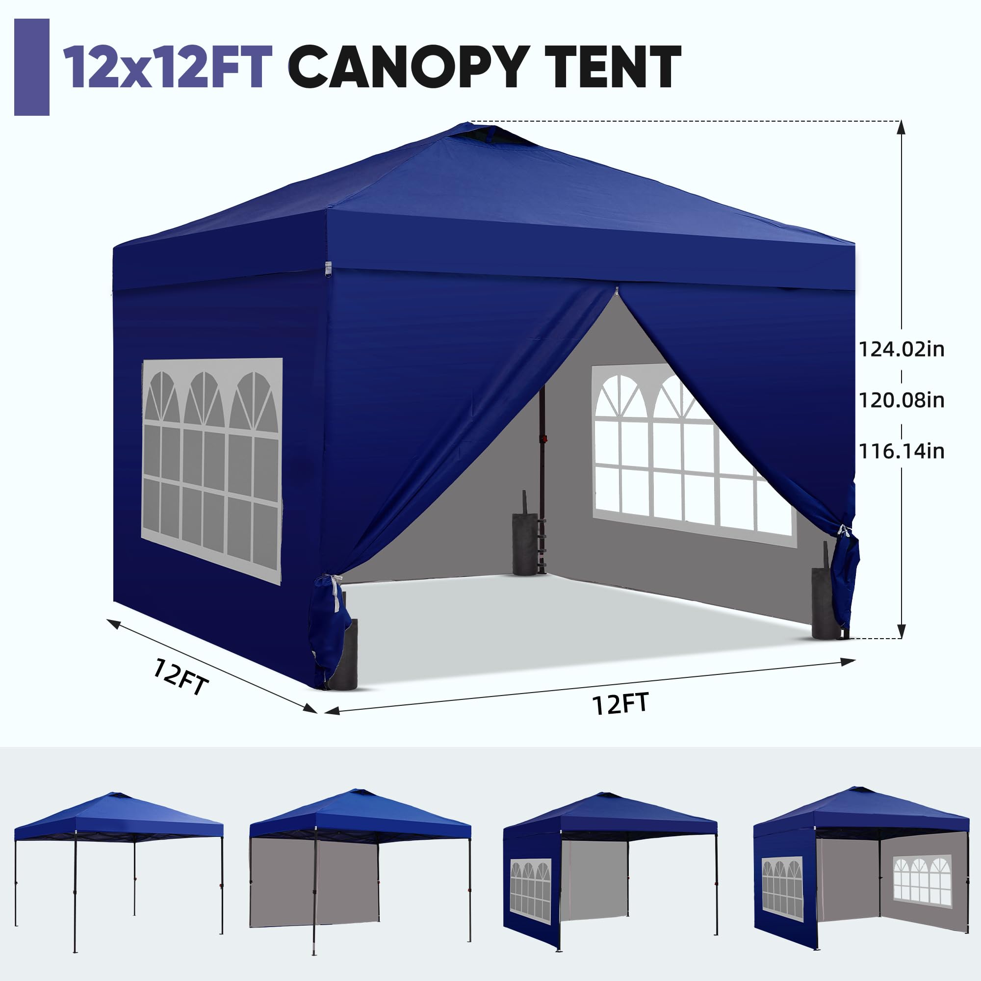 12x12 Pop Up Canopy Tent with 4 Sidewalls, Easy Set up with One Push Lift Gazebo with Wheel Bag and4 Sandbags,Carpas for Events, Parties,Camping, Navy Blue.
