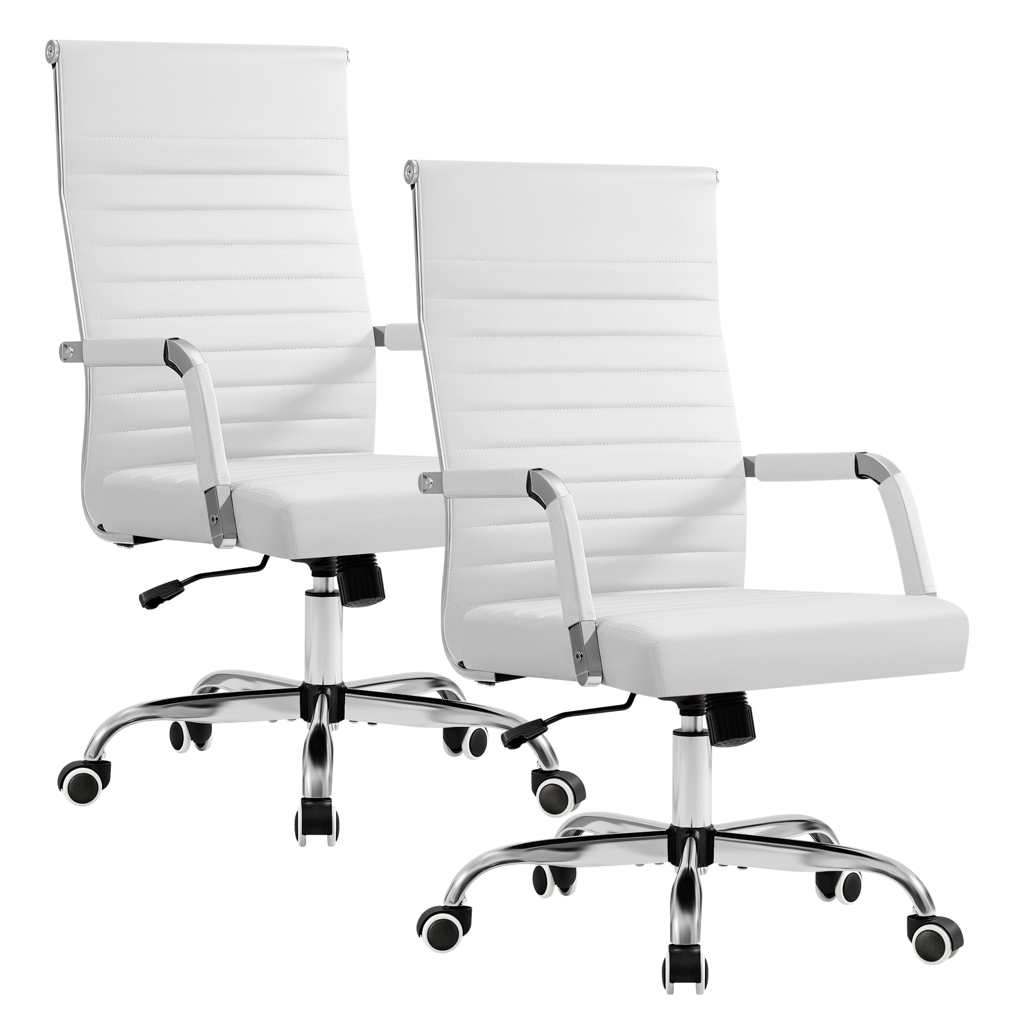 Ergonomic Office Desk Chair, Executive Ribbed Mid-Back PU Leather Conference Room Chair Adjustable Swivel Chair with Arms (2, White)