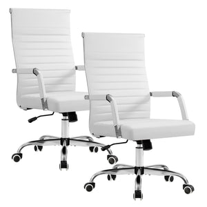 Ergonomic Office Desk Chair, Executive Ribbed Mid-Back PU Leather Conference Room Chair Adjustable Swivel Chair with Arms (2, White)