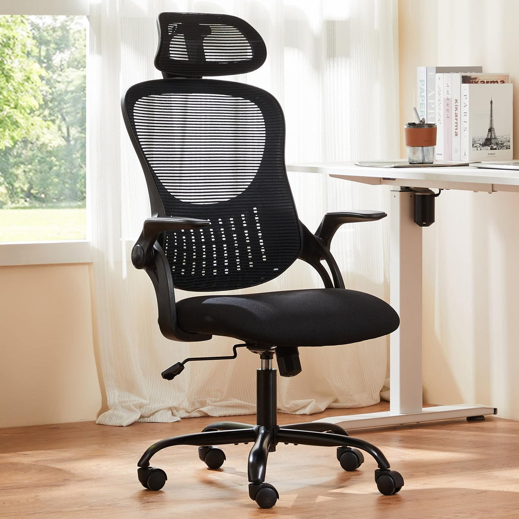 Home Office Managerial Executive Chair, High-Back Mesh with Adjustable Headrest, Flip-up Armrest Comfortable Lumbar Support, Comfy Arms for Bedroom,Study,Student