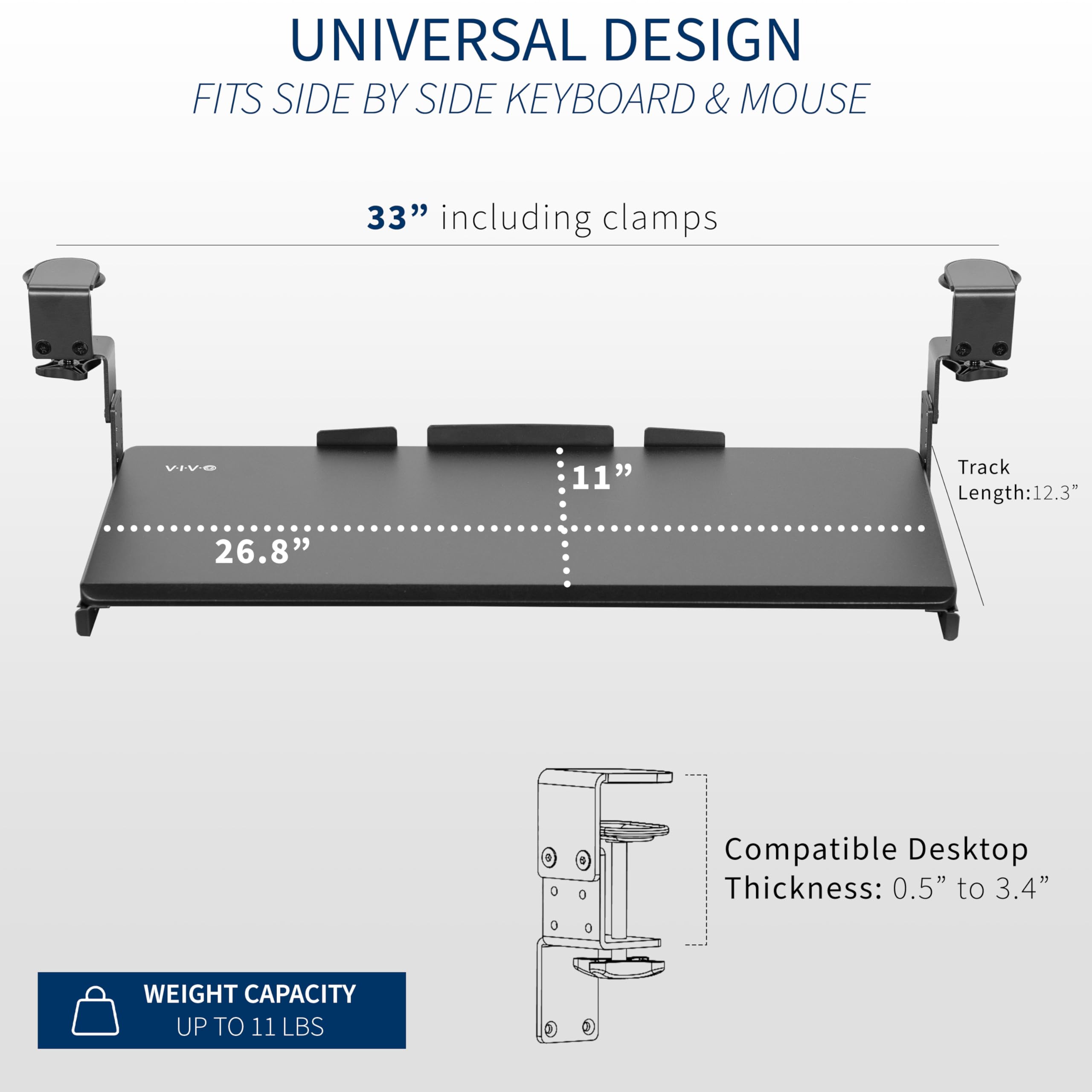 Large Height Adjustable Under Desk Keyboard Tray, C-clamp Mount System, 27(33 Including Clamps) x 11 inch Slide-Out Platform for Typing, Black, MOUNT-KB05HB