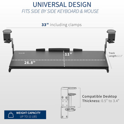 Large Height Adjustable Under Desk Keyboard Tray, C-clamp Mount System, 27(33 Including Clamps) x 11 inch Slide-Out Platform for Typing, Black, MOUNT-KB05HB