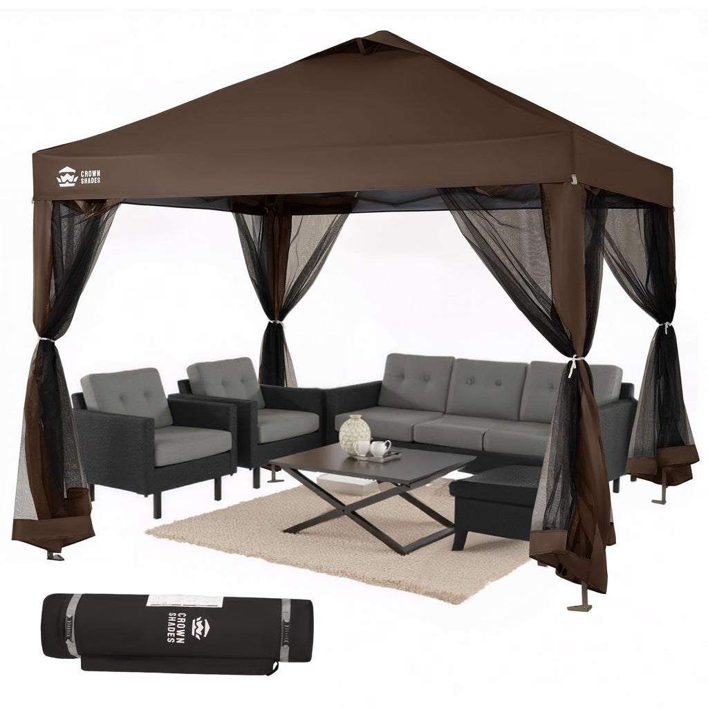 Gazebo 10x10, Pop Up Gazebo with Mosquito Netting, Screen Tent with 4 Ropes, 8 Stakes, 4 Sandbags and Wheeled Storage Bag, Canopy for Patio & Backyard, Coffee