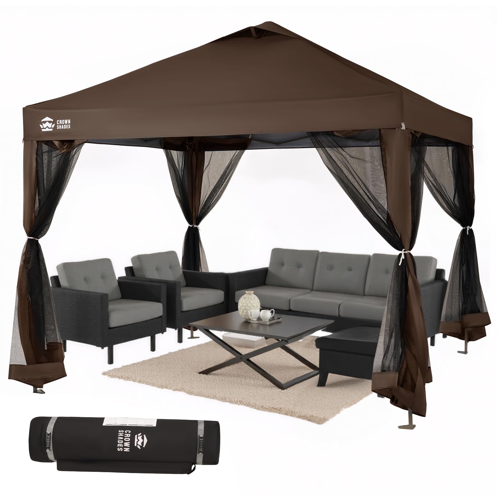 Gazebo 10x10, Pop Up Gazebo with Mosquito Netting, Screen Tent with 4 Ropes, 8 Stakes, 4 Sandbags and Wheeled Storage Bag, Canopy for Patio & Backyard, Coffee