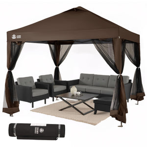 Gazebo 10x10, Pop Up Gazebo with Mosquito Netting, Screen Tent with 4 Ropes, 8 Stakes, 4 Sandbags and Wheeled Storage Bag, Canopy for Patio & Backyard, Coffee