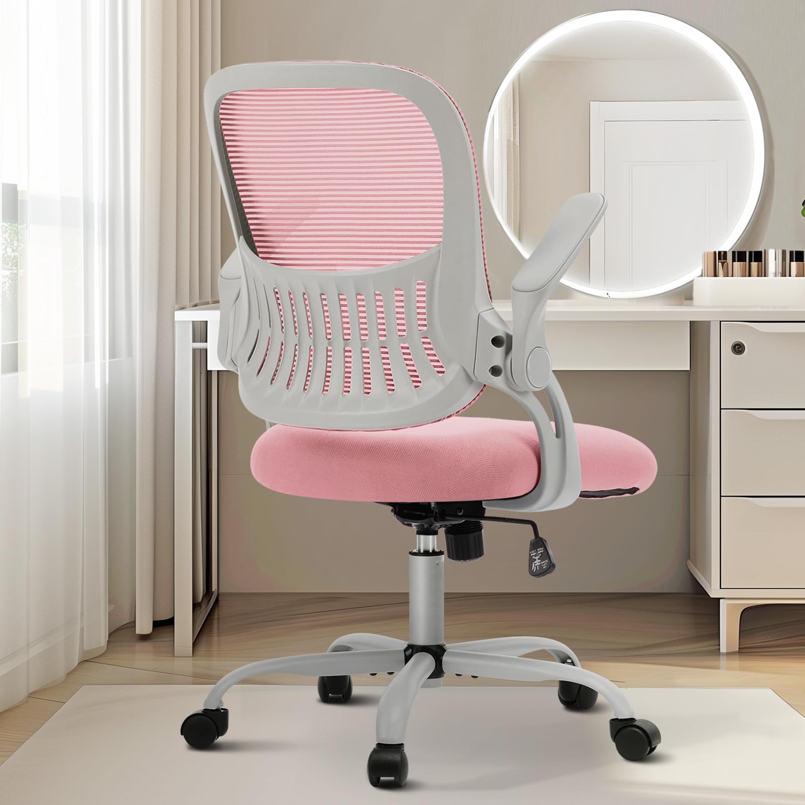 Home Office Managerial Executive Chair, Ergonomic Mesh Adjustable Swivel Mid-Back Chair with, Flip-up Arms, Comfortable Lumbar Support, Comfy Arms for Bedroom,Study,Student
