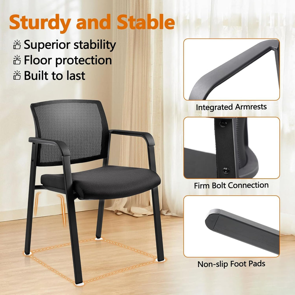 Black 8 Pack Set, Mesh Back Stacking Arm Chairs with Upholstered Fabric Seat and Ergonomic Lumbar Support for Office School Church Guest Reception , New Version
