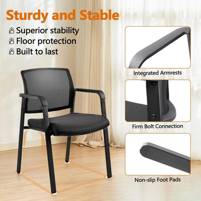 Black 8 Pack Set, Mesh Back Stacking Arm Chairs with Upholstered Fabric Seat and Ergonomic Lumbar Support for Office School Church Guest Reception , New Version