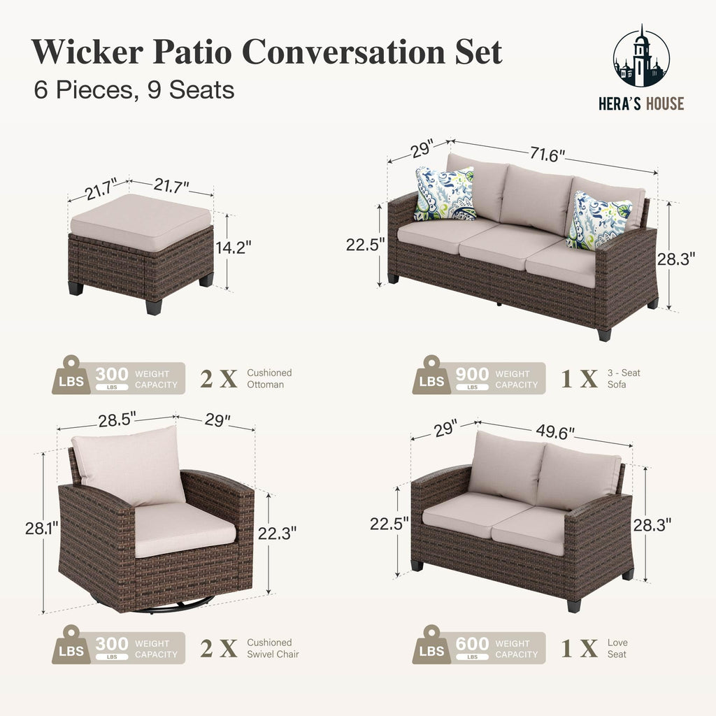Outdoor Patio Furniture Set with Swivel Glide Chairs, 6 Pieces Wicker Patio Conversation Sofa Sets for Backyard Porch Deck, Beige