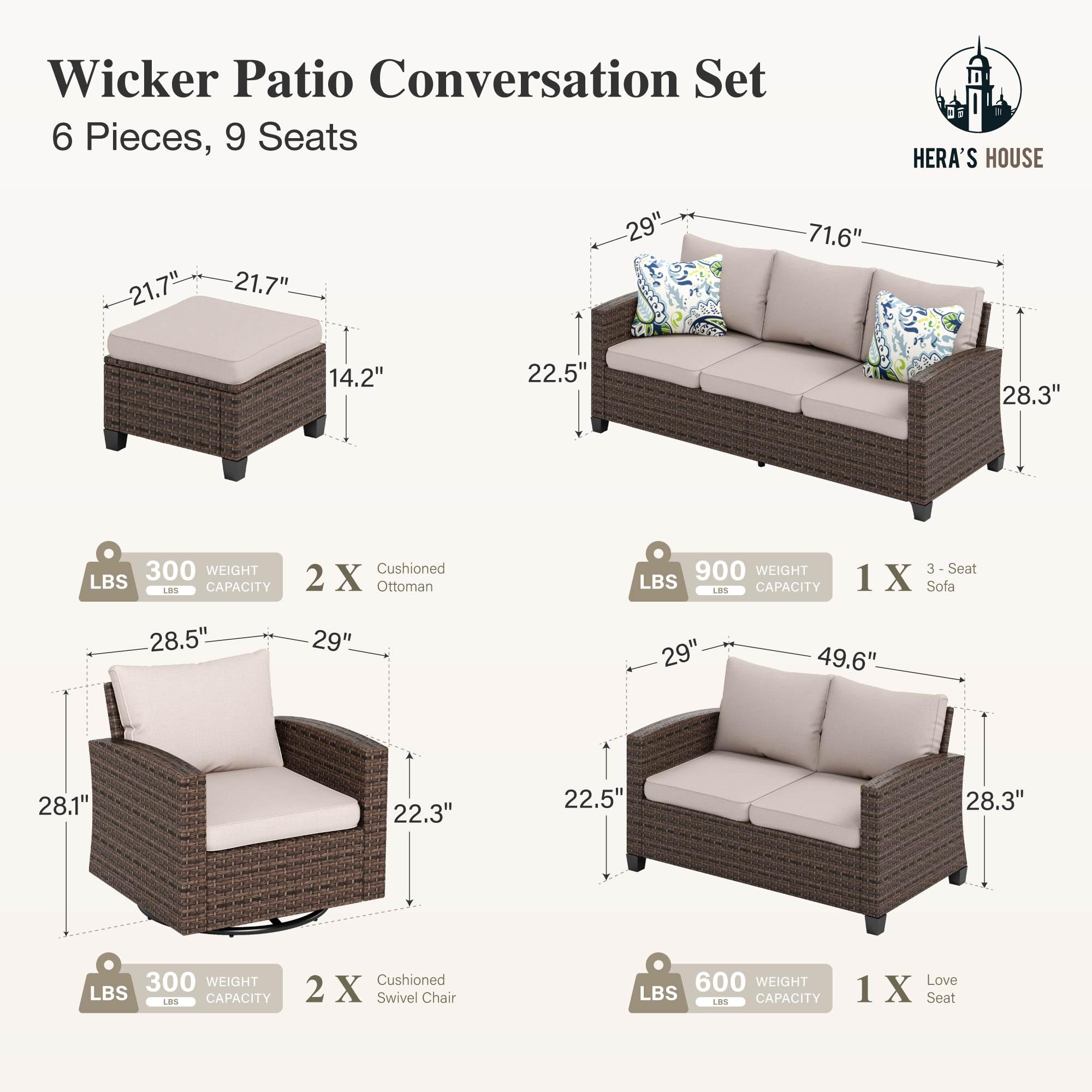 Outdoor Patio Furniture Set with Swivel Glide Chairs, 6 Pieces Wicker Patio Conversation Sofa Sets for Backyard Porch Deck, Beige