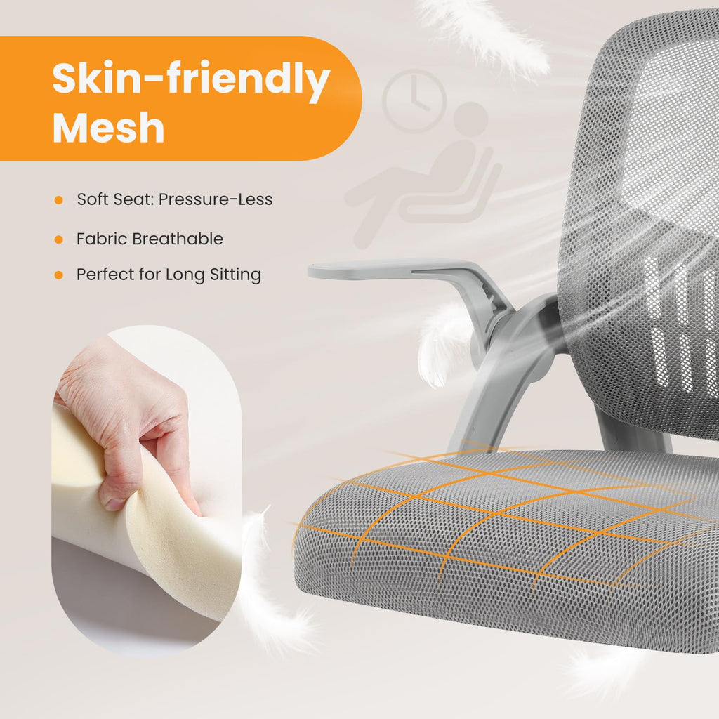 Home Office Managerial Executive Chair, Flip Up Armrest Ergonomic Mesh Adjustable Swivel Mid-Back Computer Desk Chair with Comfortable Lumbar Support, Comfy Arms for Bedroom,Study