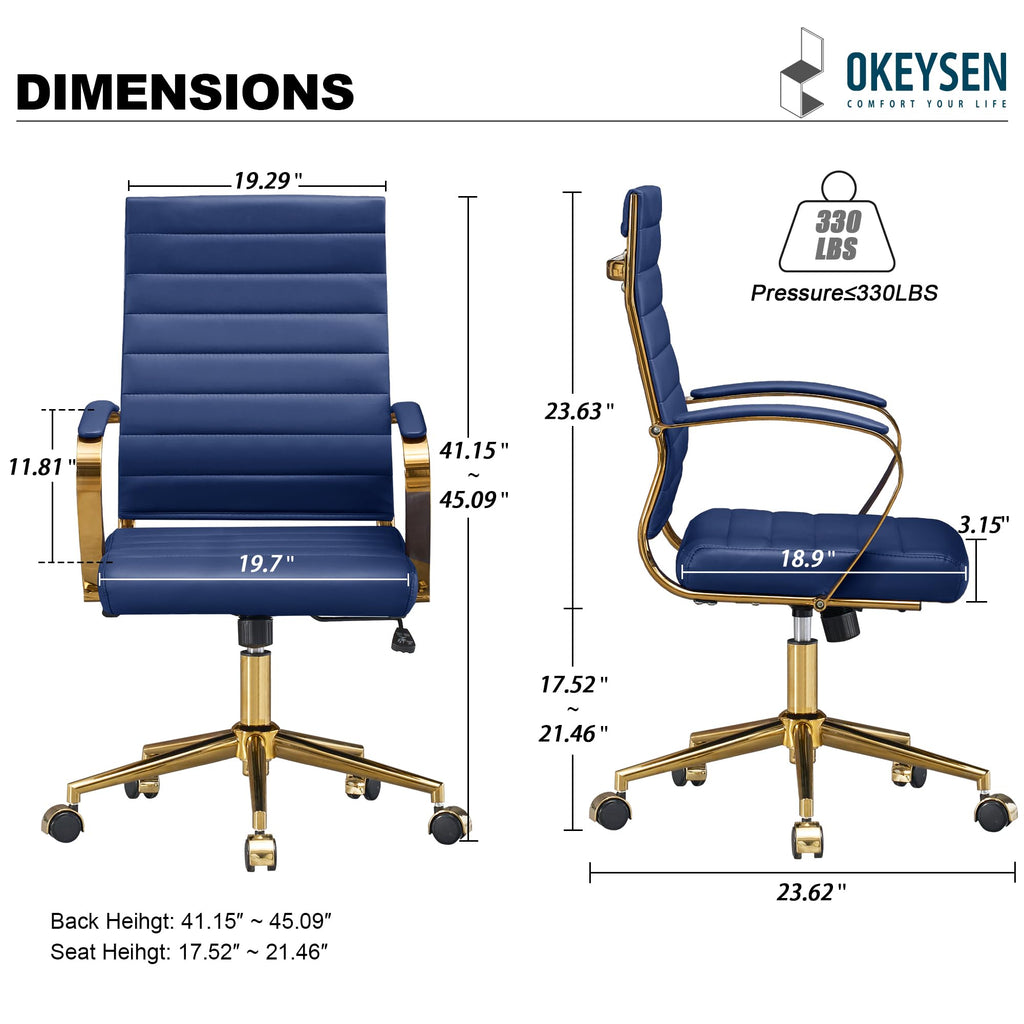 Gold Office Desk Chair, Ergonomic Leather Modern Conference Room Chairs, Executive Ribbed Height Adjustable Swivel Rolling Golden Chair for Home Office.
