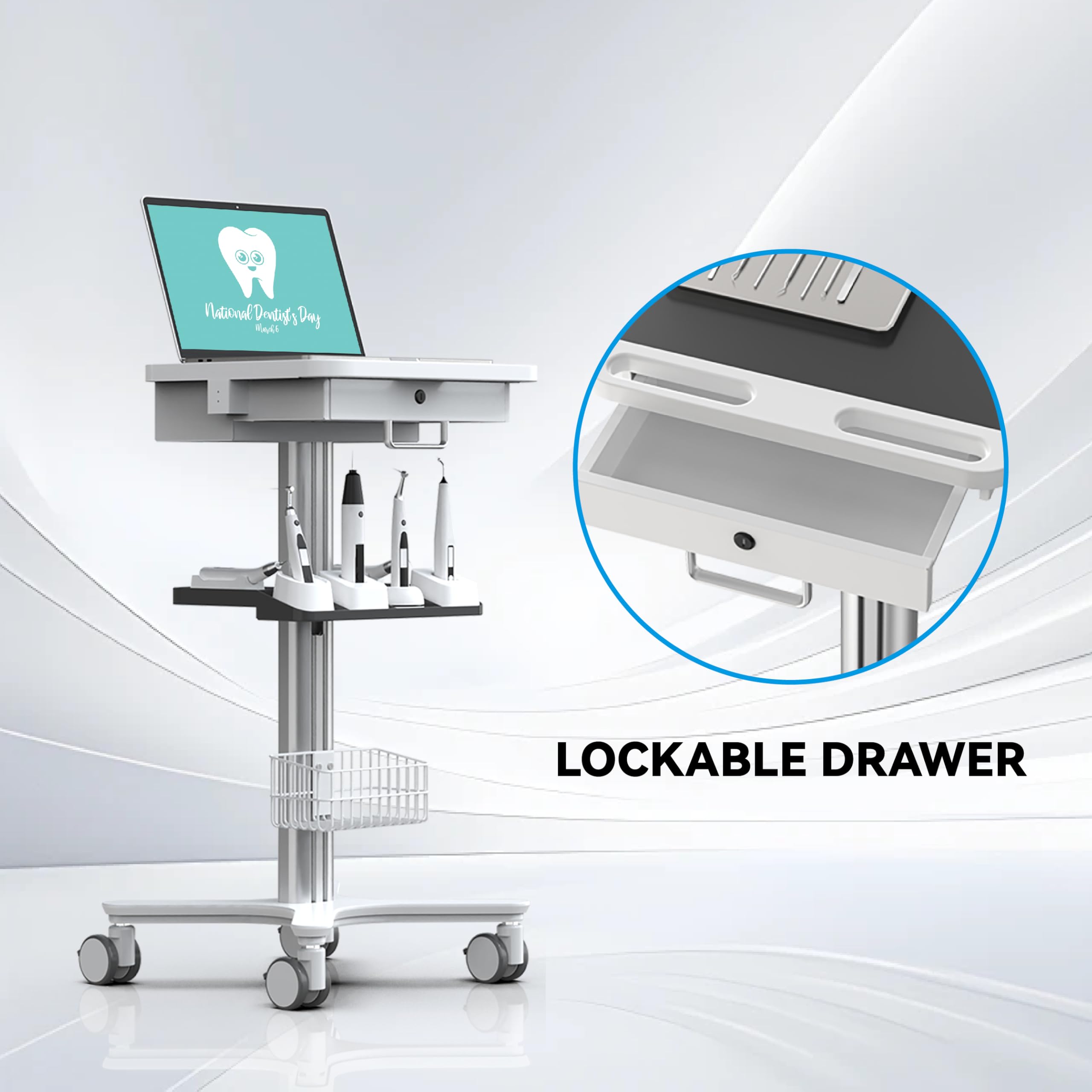 Medical Trolley Cart with Laptop Tray, Mobile Dental Clinic Workstation with Oral Scanner Holder for Hospitals Beauty Salon and Labs