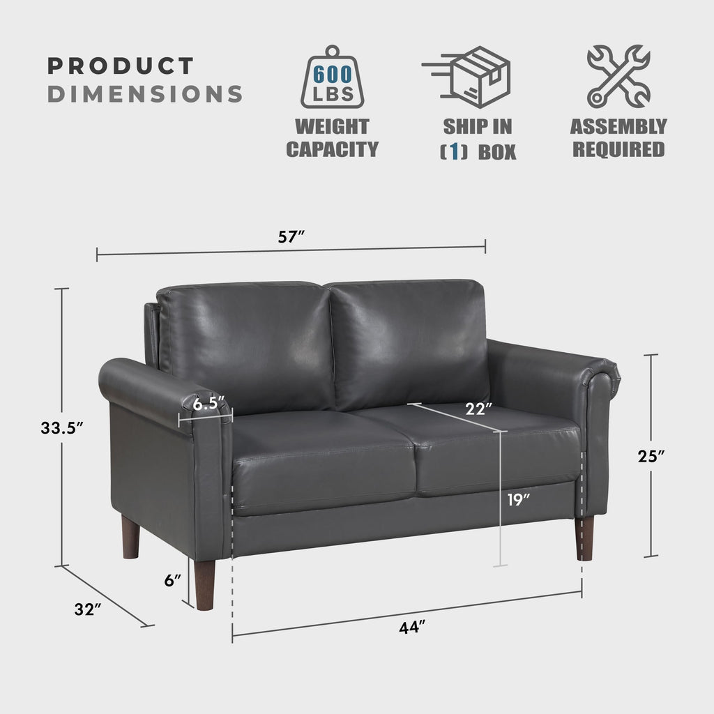57" W Loveseat, Faux Leather Upholstered Couch, Loveseat with Rolled Armrest for Bedroom/Office/Waiting Room, 2 Seater Couch, Dark Gray