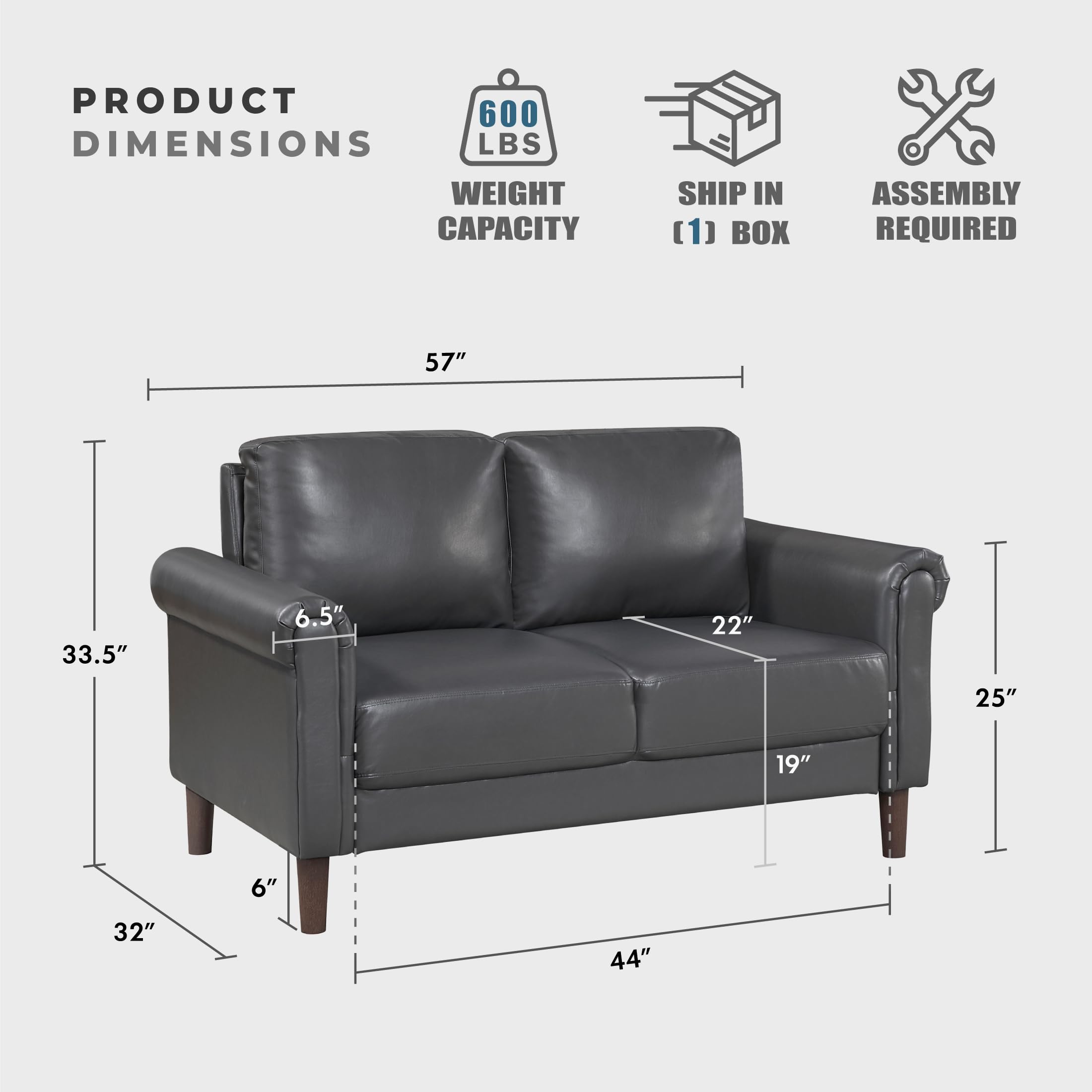 57" W Loveseat, Faux Leather Upholstered Couch, Loveseat with Rolled Armrest for Bedroom/Office/Waiting Room, 2 Seater Couch, Dark Gray