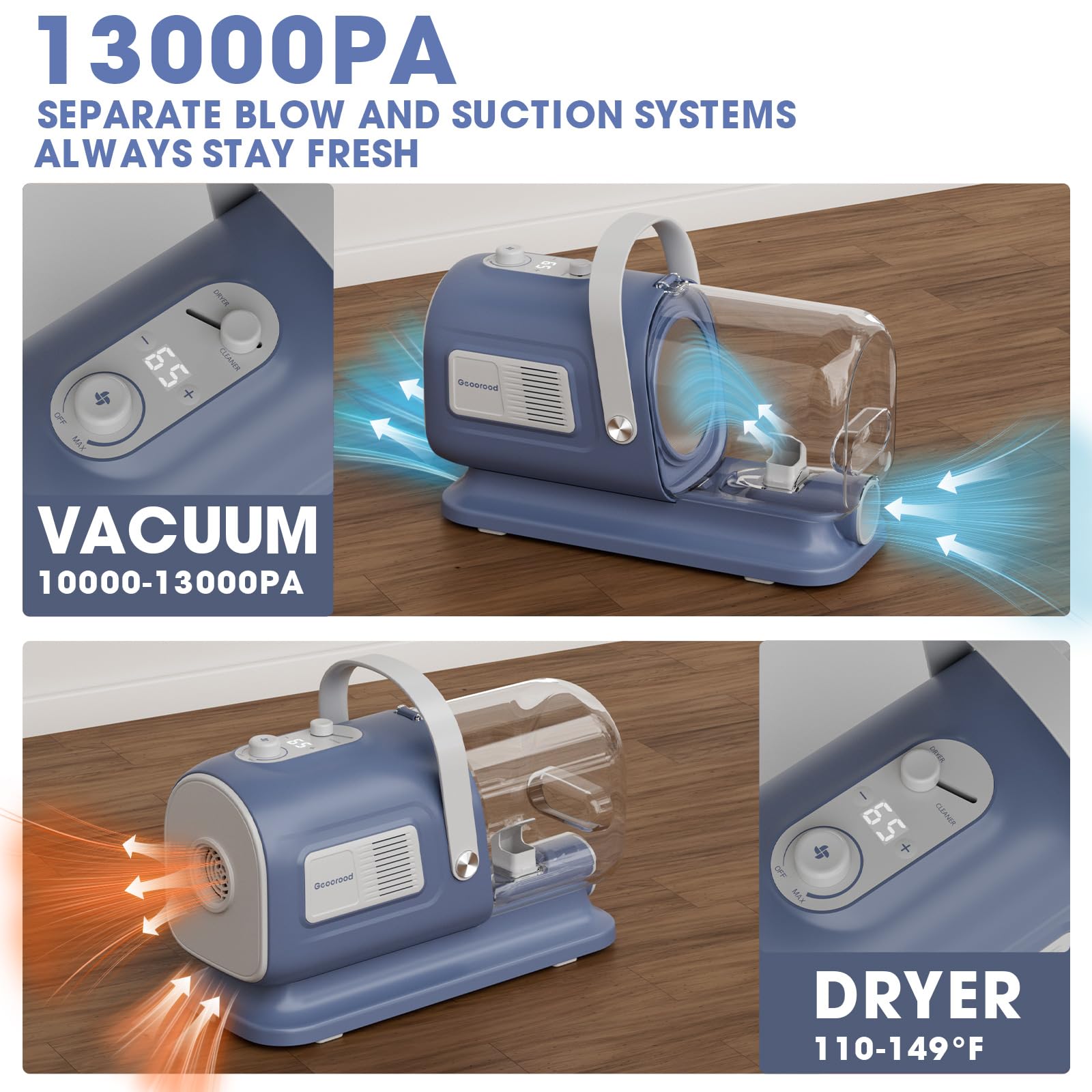 Dog Grooming Vacuum and Dryer Kit, Blower for Pet Vacuum Grooming 7 in 1 with Clippers for Dogs Hair Shedding Brush Remover Tools at Home Blue Grey