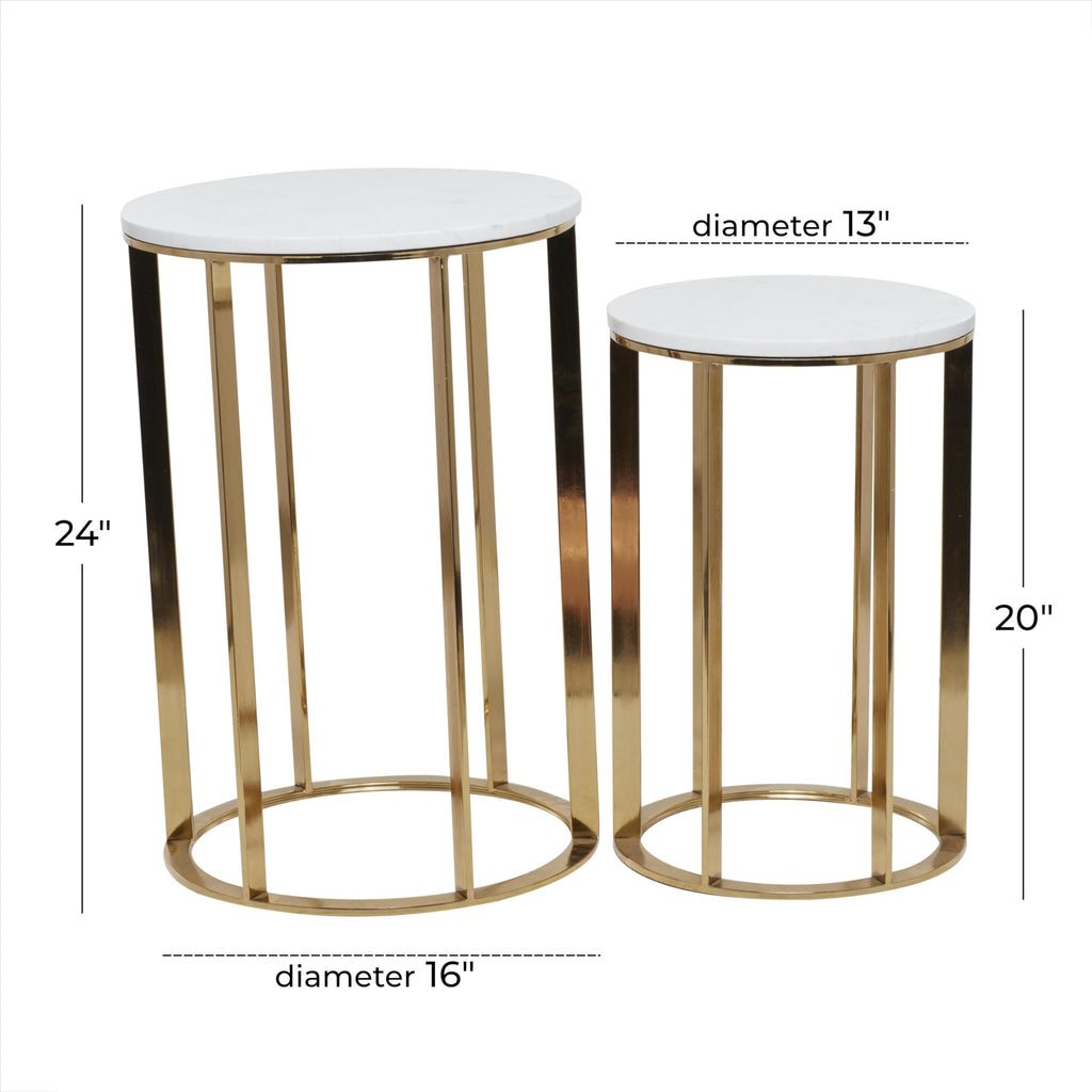 Metal Side End Accent Table End Table with Marble Top, Set of 2 Side Table 24", 20"H, Gold