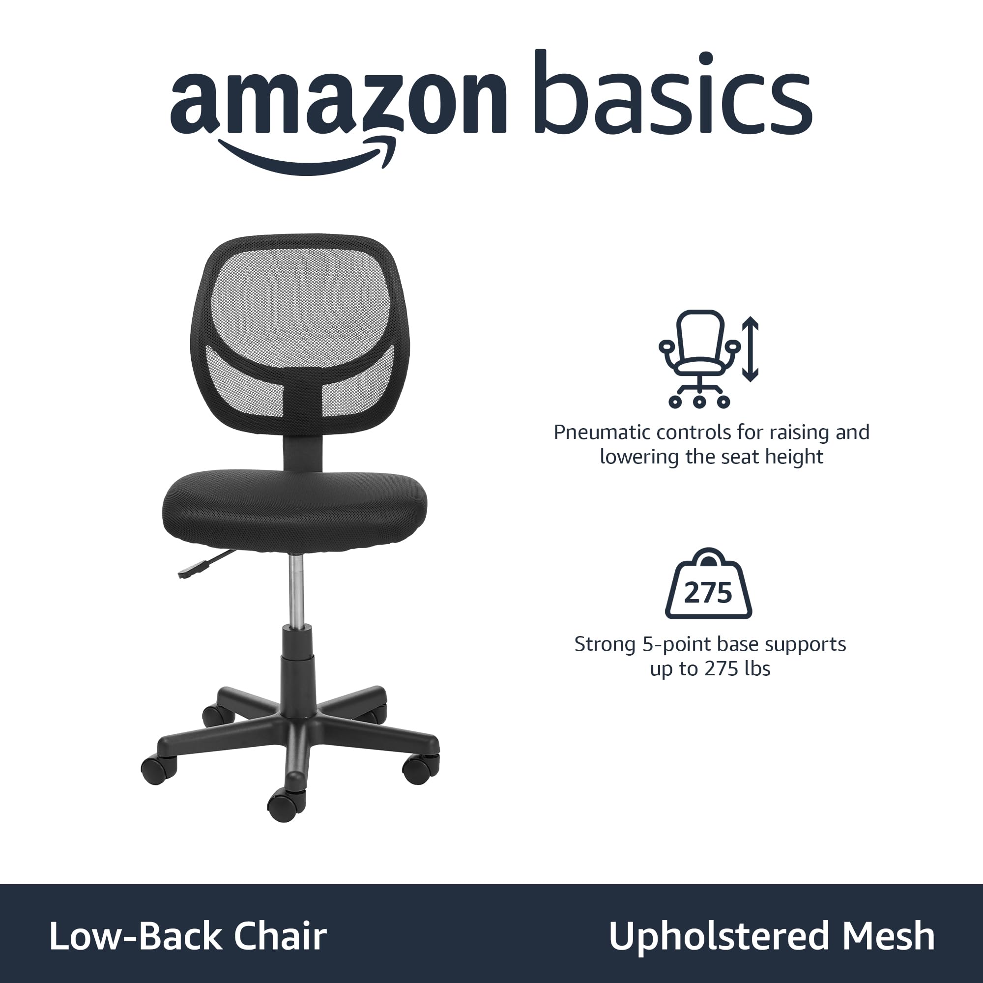 Low Back Office Chair, Breathable Mesh, Height Adjustable, Padded Seat, Rolling Wheels, Swivel, Back Support, Sturdy, 21.25