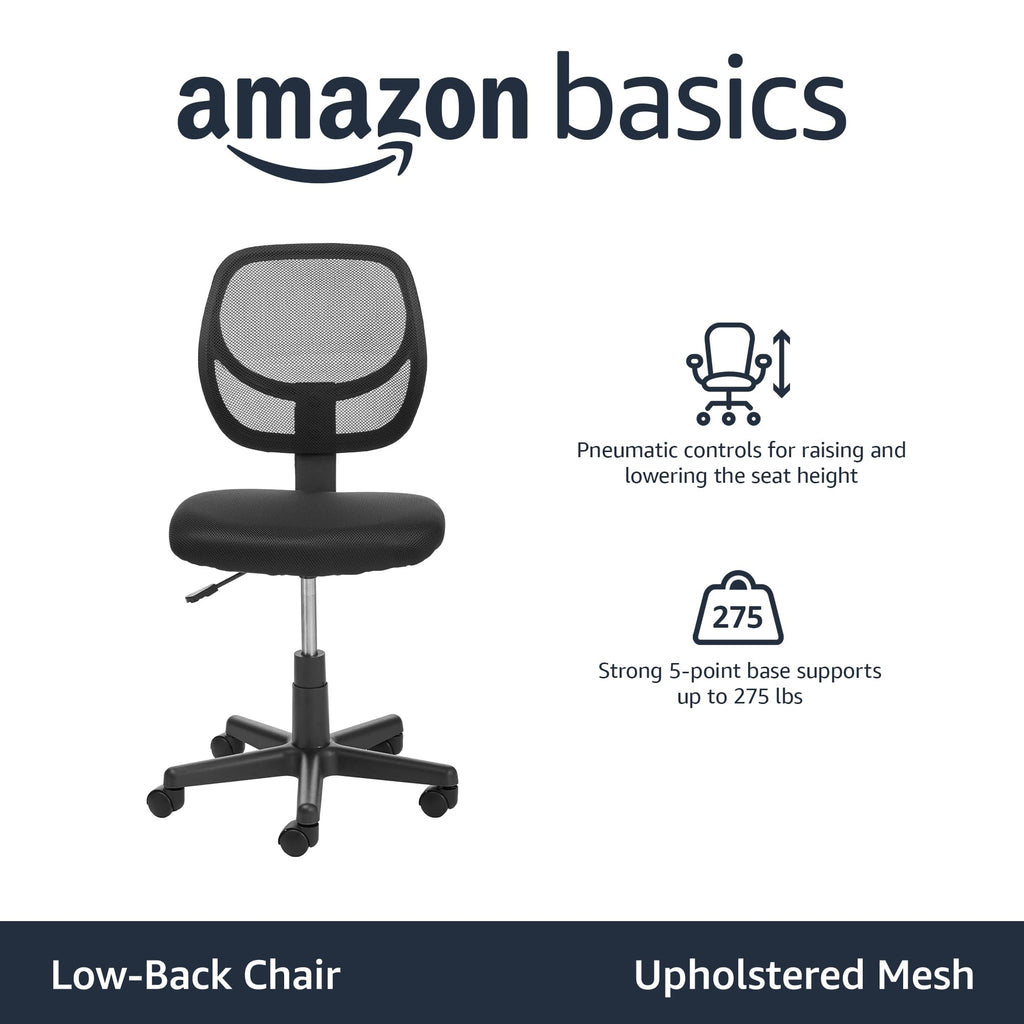 Low Back Office Chair, Breathable Mesh, Height Adjustable, Padded Seat, Rolling Wheels, Swivel, Back Support, Sturdy, 21.25" D x 22.5" W x 38" H, Black