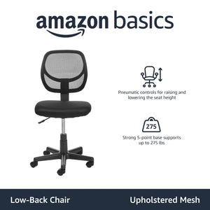 Low Back Office Chair, Breathable Mesh, Height Adjustable, Padded Seat, Rolling Wheels, Swivel, Back Support, Sturdy, 21.25