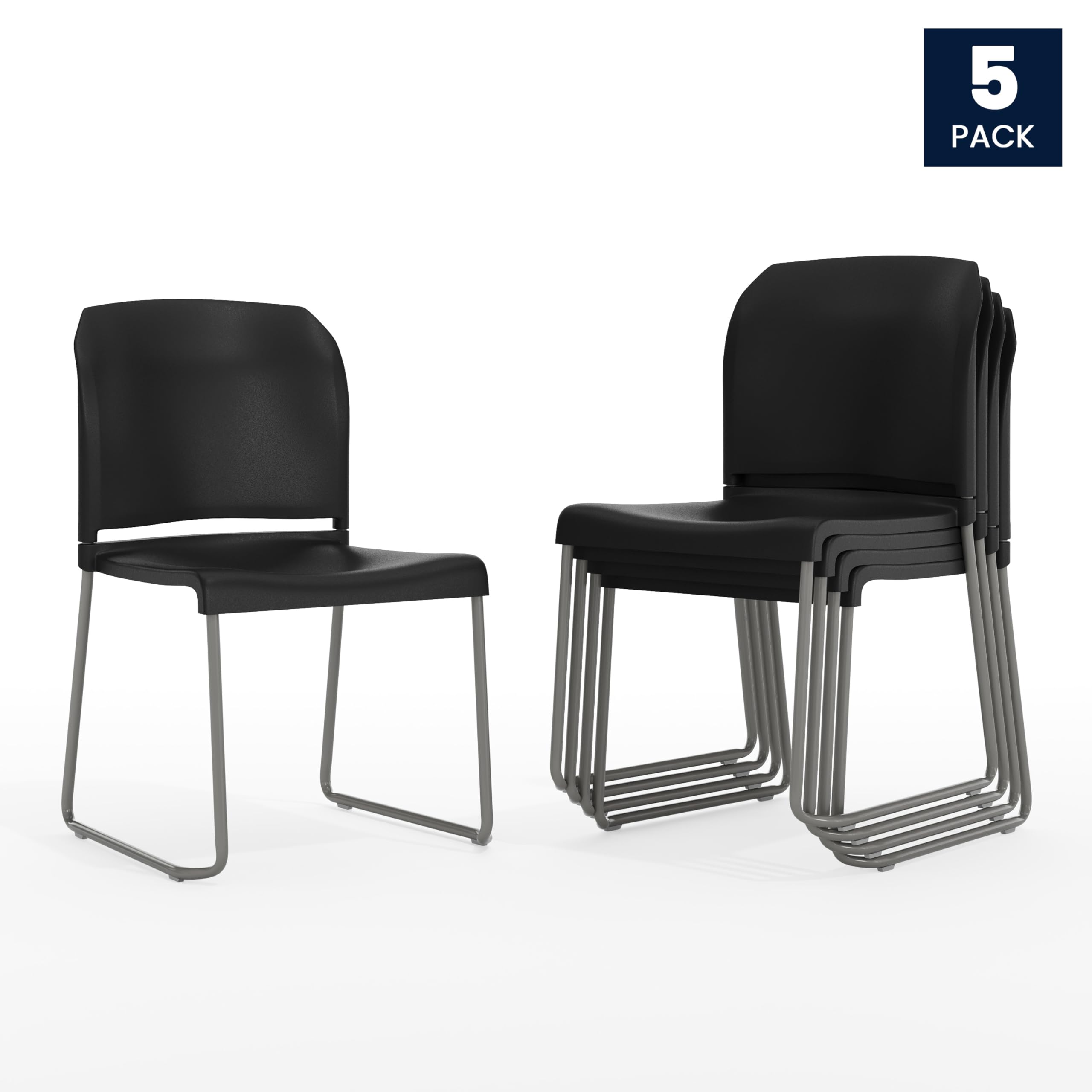 Set of 5, Black, Hercules Series Contoured Stacking Chairs for Waiting Rooms and Offices, Ergonomic Lobby Chairs with Curved Back