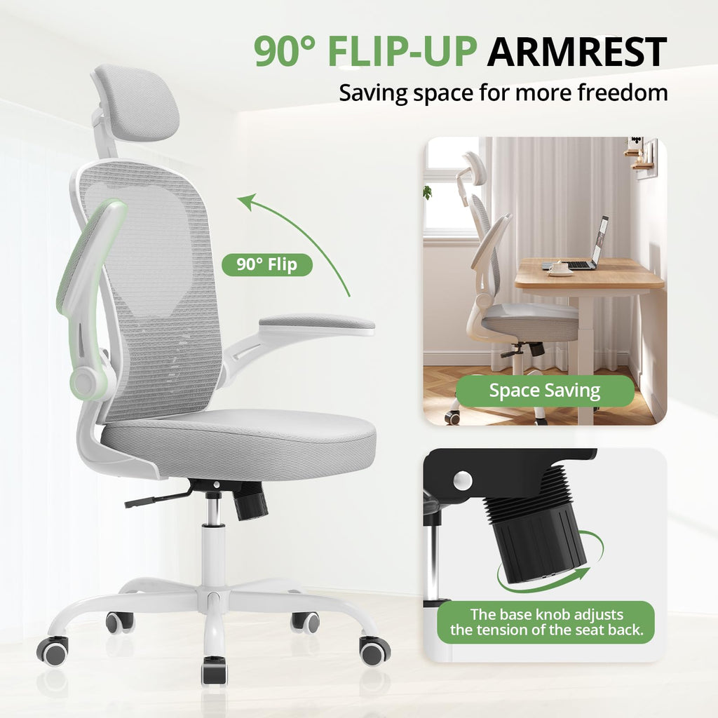 Office Chair Ergonomic Desk Chair, 330LBS Capacity, High Back Computer Design for Long Hours Comfort, Rolling Swivel for Home Office, Flip-up Armrests, White+Grey