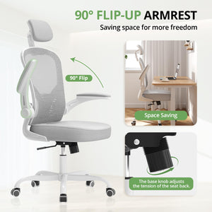 Office Chair Ergonomic Desk Chair, 330LBS Capacity, High Back Computer Design for Long Hours Comfort, Rolling Swivel for Home Office, Flip-up Armrests, White+Grey