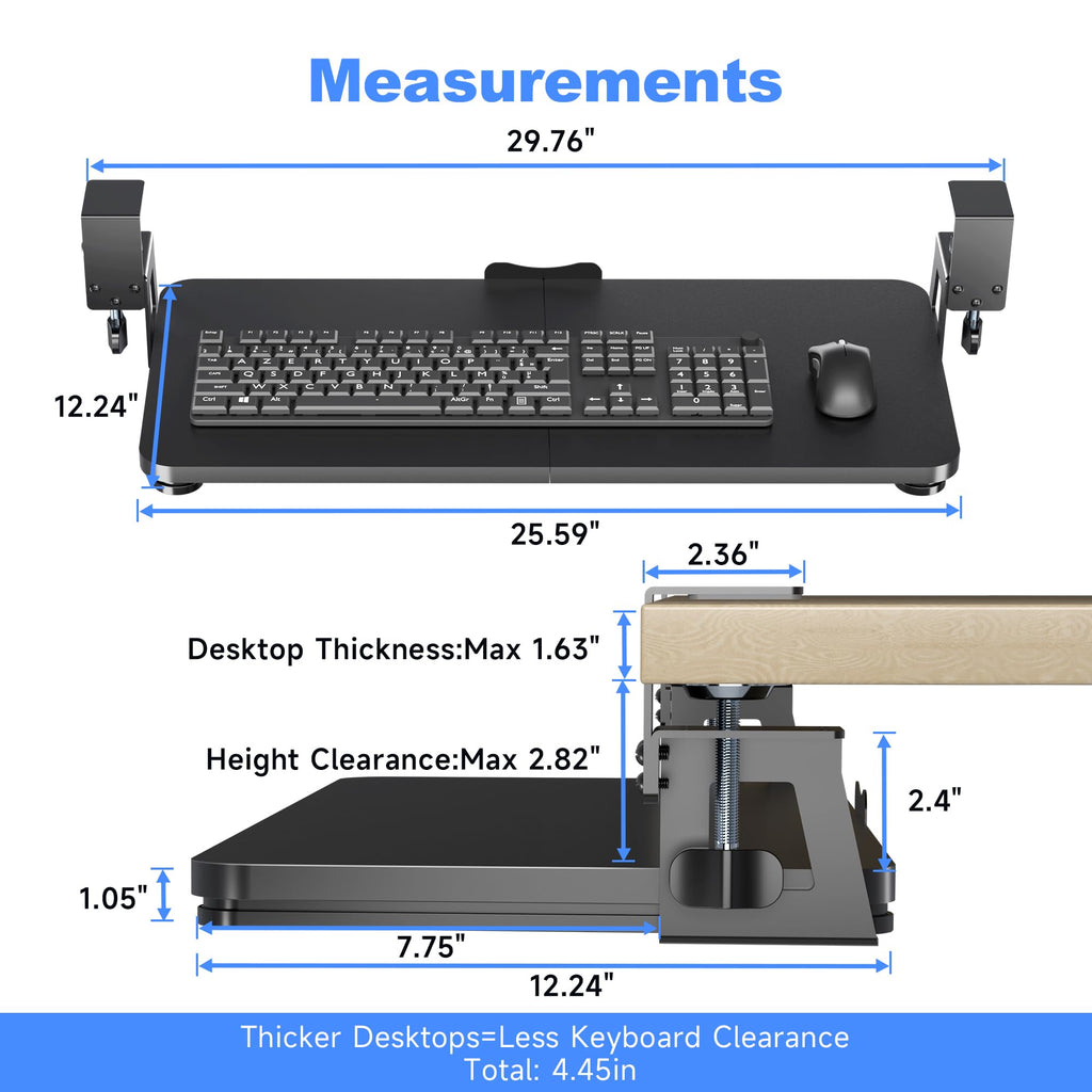 Keyboard Tray Under Desk Large C-Clamp 25.6” (30” Including Clamps) x 11.8” Slide-Out Platform Computer Drawer Pull Out Keyboard & Mouse Tray Black DSF4