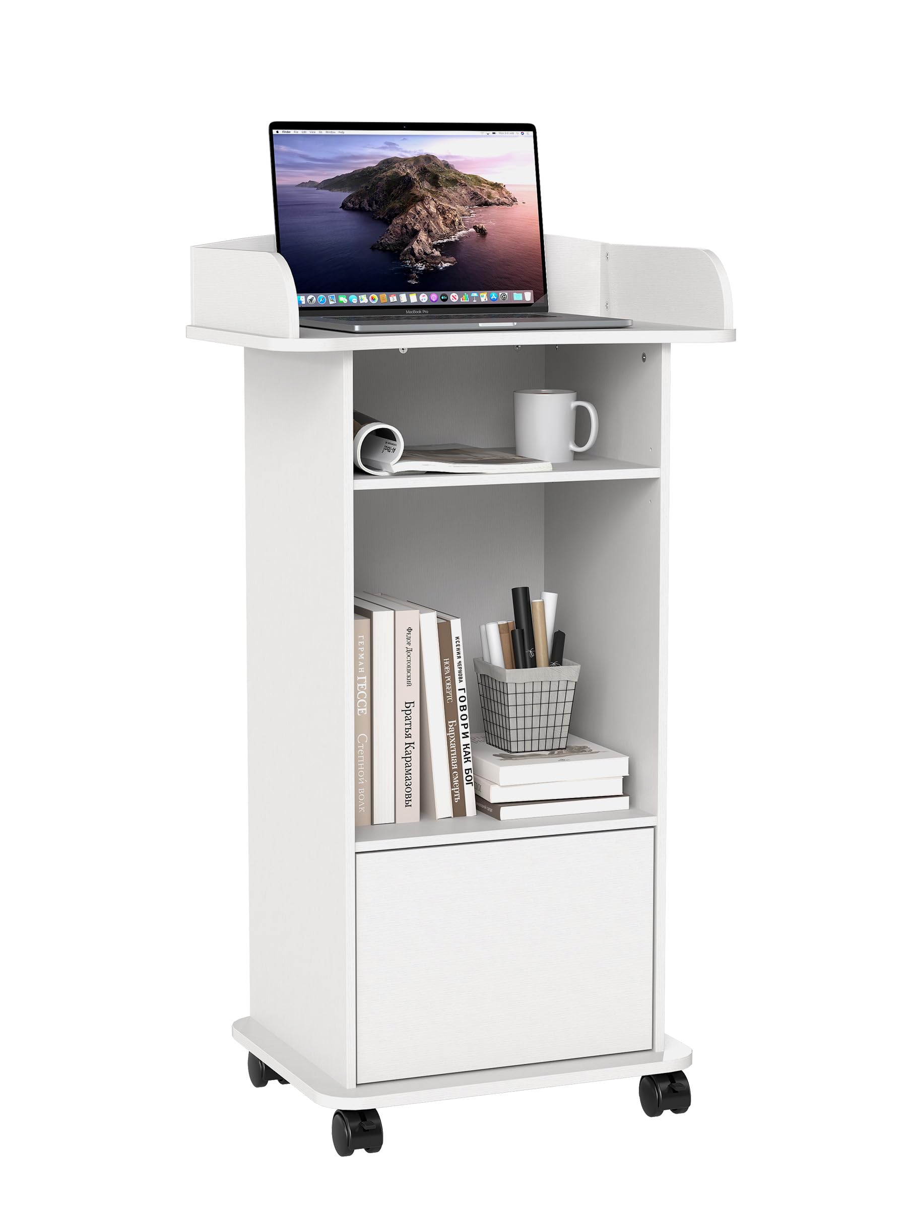 Podium Stand with Wheels Wooden Lectern Podium Stand Portable Pulpit Standing with Storage Mobile Reception Podiums Desk for Church Office School Conference Restaurant Meeting, White