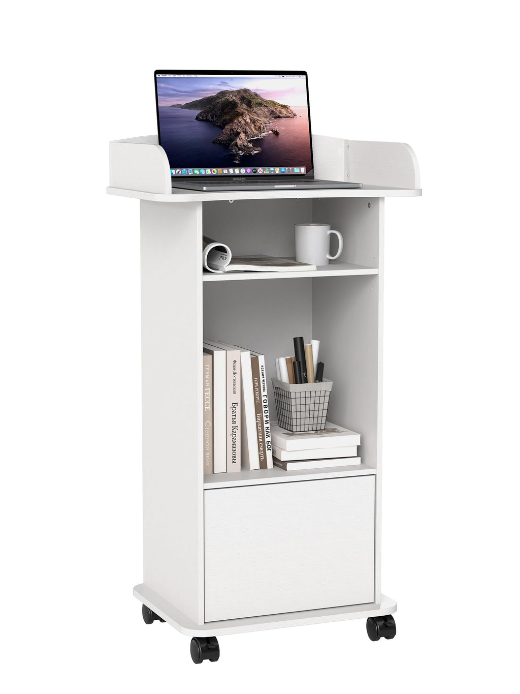 Podium Stand with Wheels Wooden Lectern Podium Stand Portable Pulpit Standing with Storage Mobile Reception Podiums Desk for Church Office School Conference Restaurant Meeting, White