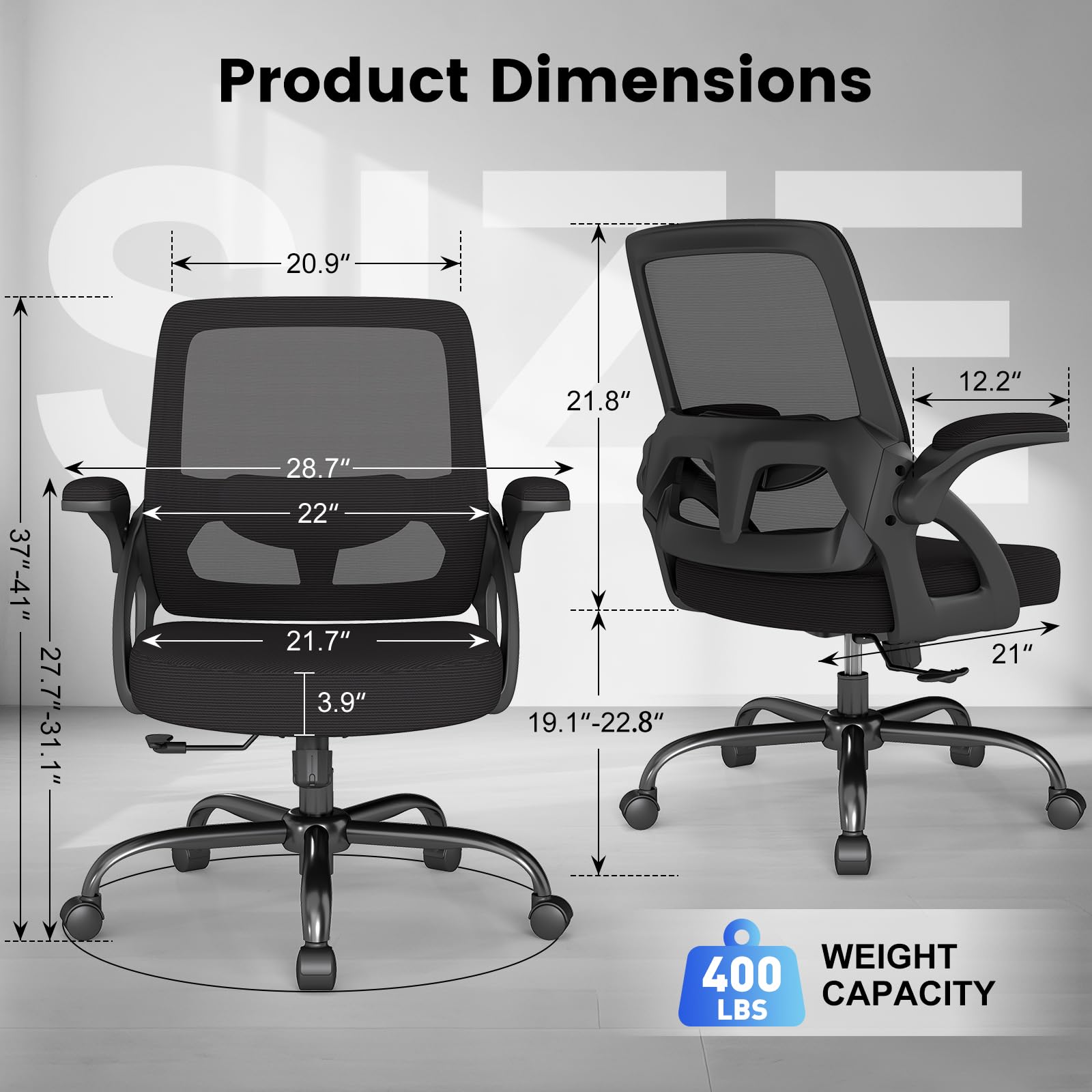 Big and Tall Office Chair, Ergonomic Desk Chair Mesh Mid Back with Comfy Lumbar Support Swivel Task Executive Chairs with Wheels, Flip up Arms for Home, Office, Study