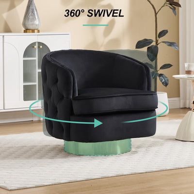 Set of 2 Black Modern Accent Chairs, Swivel Barrel Armchairs for Living Room, Button Tufted Velvet Comfy Chair, Round Upholstered Single Sofa Seating with Gold Base