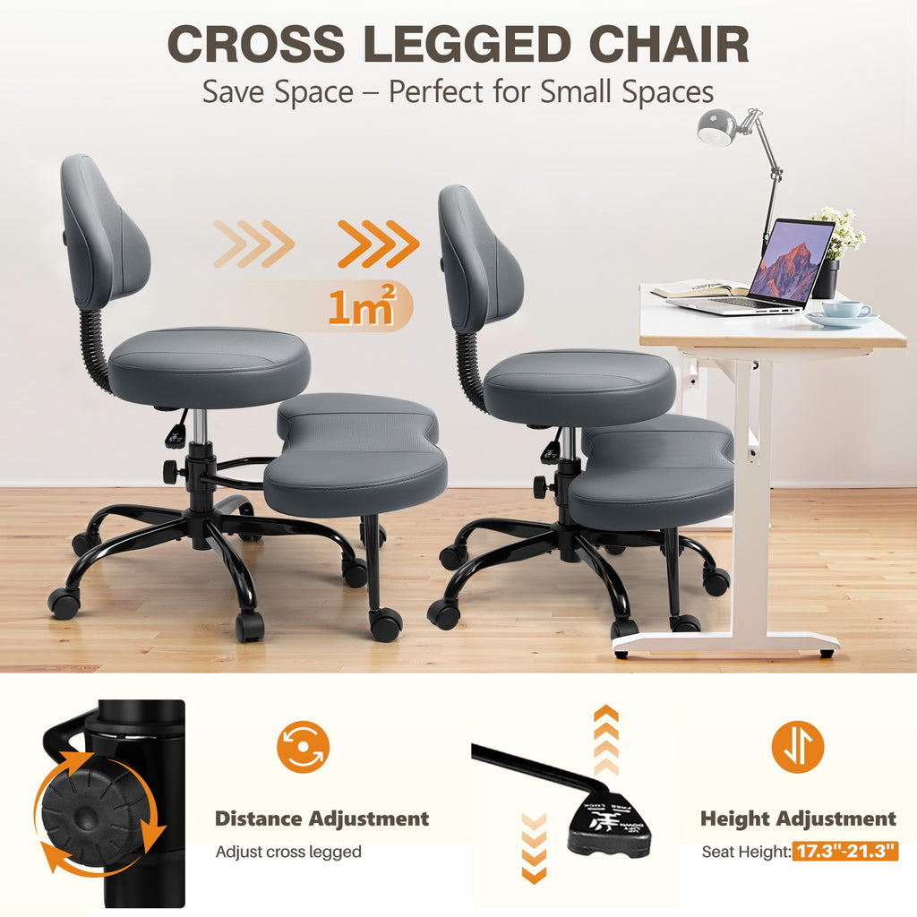 Cross Legged Office Chair, Criss Cross Desk Chair ADHD Meditation Kneeling Yoga Seat with Adjustable Height, Lumbar Support, Wider Footrest and Wheels (Dark Gray)