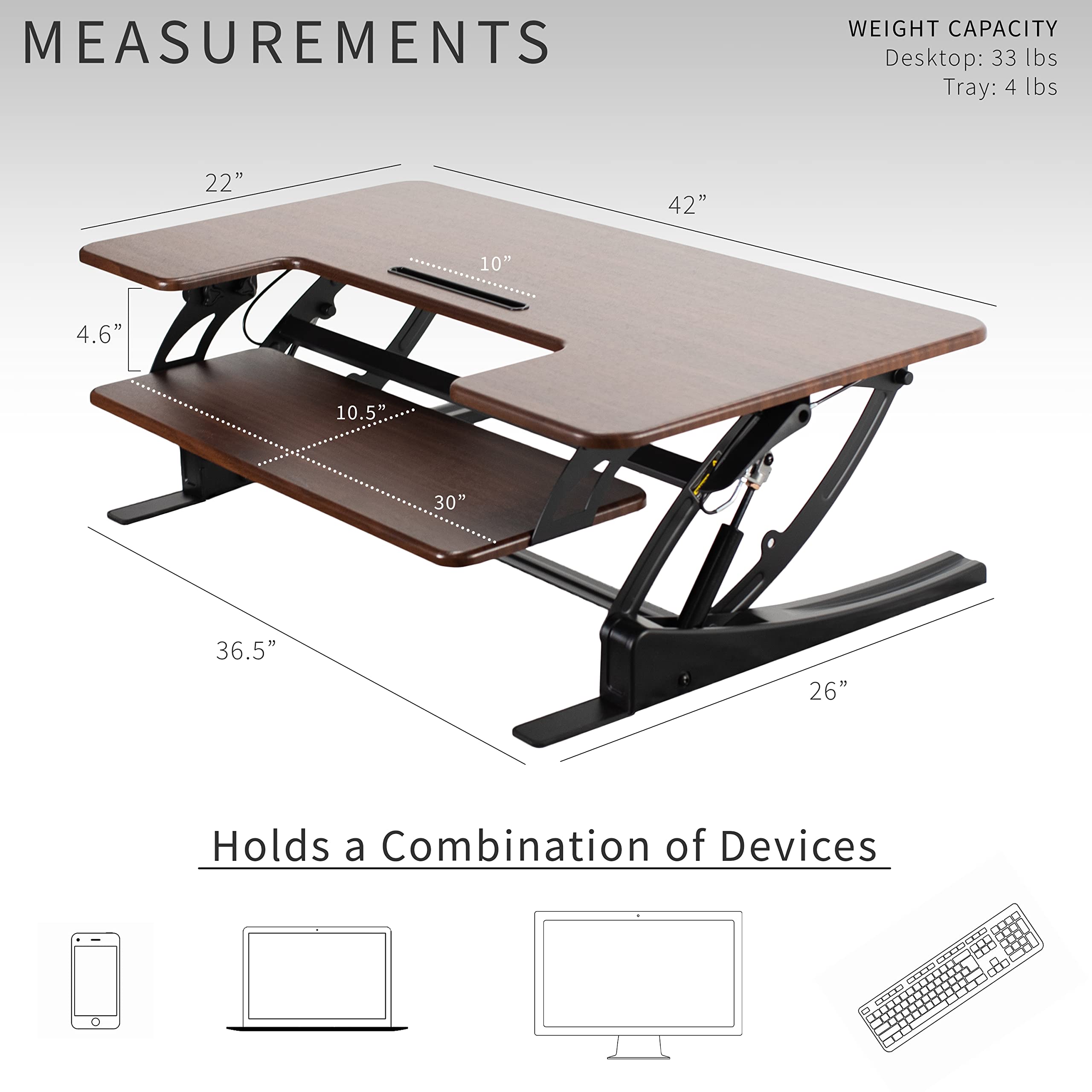 42 inch Height Adjustable Stand Up Desk Converter, V Series, Quick Sit to Stand Tabletop Dual Monitor Riser Workstation, Dark Walnut Top, Black Frame, DESK-V000VLD