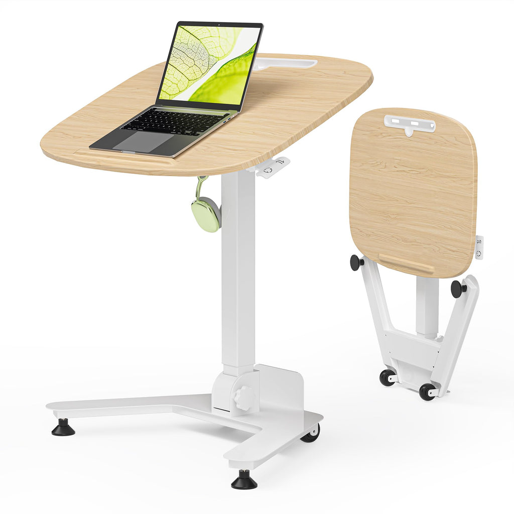 Folding Pneumatic Height Adjustable Mobile Standing Desk with 90° Tiltable Tabletop, 27.2x18.9 Inch Portable Laptop Desk with Wheels, Holds Up to 66.1lbs for Home Office, Study, Oak