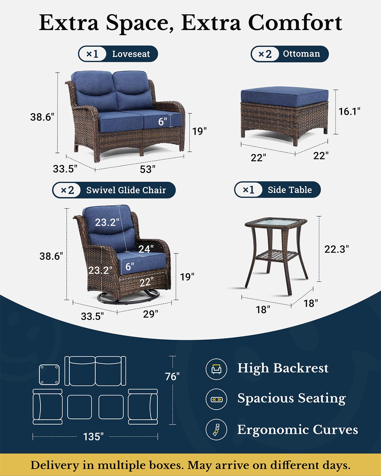 Luxury Patio Furniture Set with 6-inch Thick Cushion, Outdoor Loveseat and High Back Swivel Rocker Patio Chairs, 6PCS Wicker Conversation Set for Deck Yard and Poolside, Blue (V2)