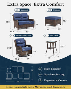 Luxury Patio Furniture Set with 6-inch Thick Cushion, Outdoor Loveseat and High Back Swivel Rocker Patio Chairs, 6PCS Wicker Conversation Set for Deck Yard and Poolside, Blue (V2)