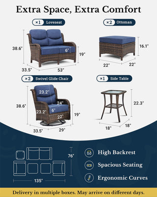 Luxury Patio Furniture Set with 6-inch Thick Cushion, Outdoor Loveseat and High Back Swivel Rocker Patio Chairs, 6PCS Wicker Conversation Set for Deck Yard and Poolside, Blue (V2)