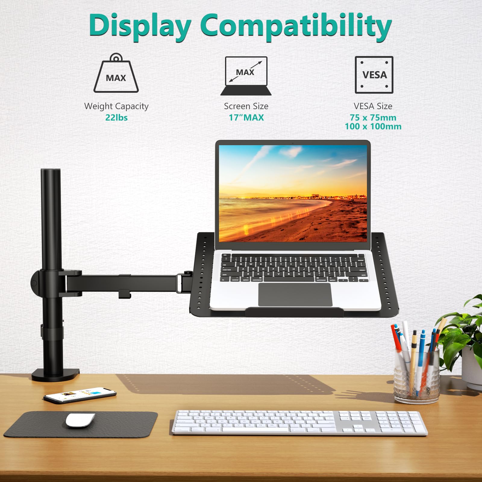 Laptop Tray Desk Mount for 17inch Notebook, Fully Adjustable Laptop Arm up to 22lbs, Monitor Mount with Vented Cooling Platform Stand (M00LP), Black