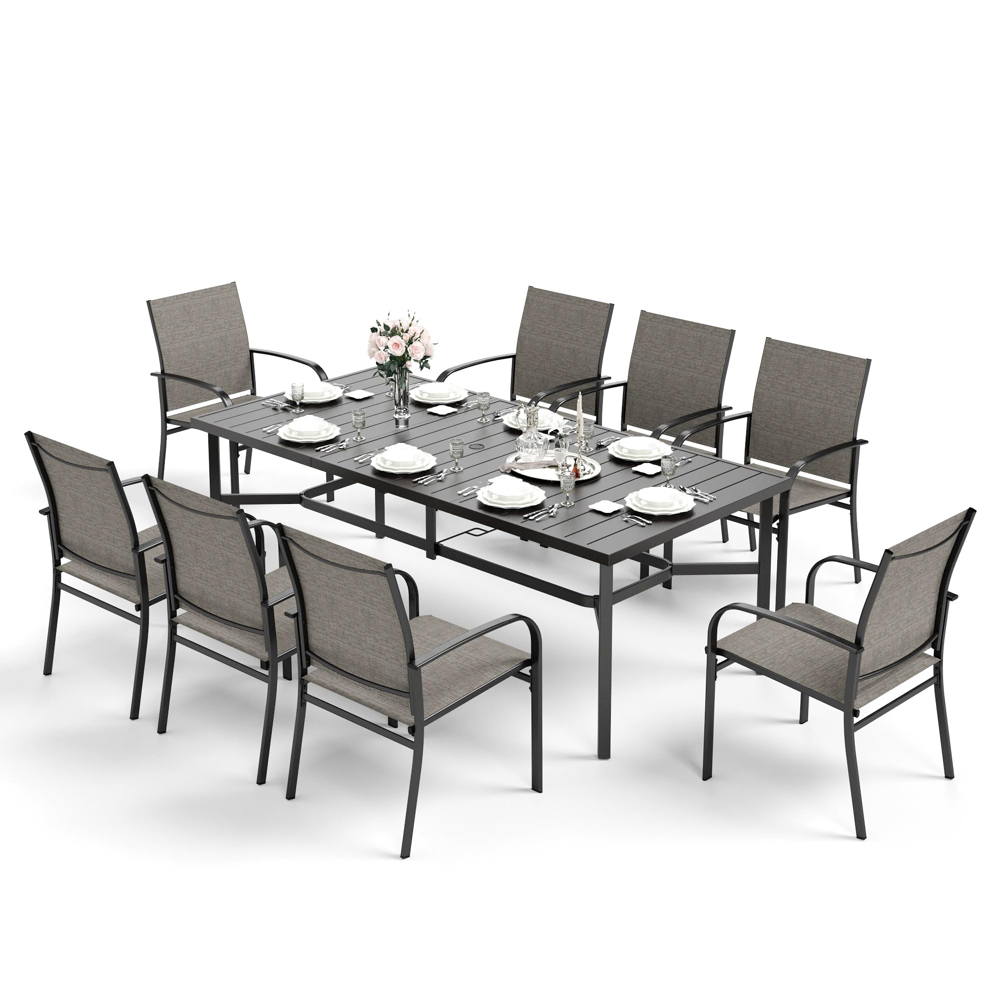 9 Pieces Patio Dining Set, 8 x Brown Textilene Patio Chairs and 1 x 83 Large Rectangle Dining Table, Outdoor Furniture Set for Deck Garden Backyard Lawn Poolside