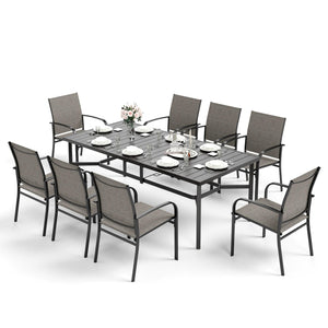 9 Pieces Patio Dining Set, 8 x Brown Textilene Patio Chairs and 1 x 83 Large Rectangle Dining Table, Outdoor Furniture Set for Deck Garden Backyard Lawn Poolside