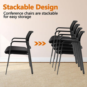 Black 8 Pack Set, Mesh Back Stacking Arm Chairs with Upholstered Fabric Seat and Ergonomic Lumbar Support for Office School Church Guest Reception , New Version