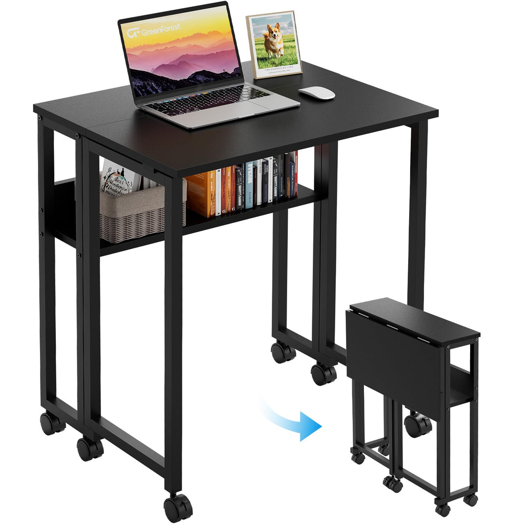 Folding Desk with Wheels, 24.8 Inch Compact Rolling Computer Table with Storage Shelf, Portable Mobile Workstation for Small Spaces, Easy Assembly, Black