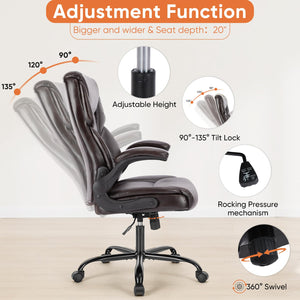 Computer Gaming Chair, Ergonomic High Back Heavy Duty Task Desk Office Chairs with Wheels, Flip-up Arms, Adjustable Height, PU Leather,Dark Brown