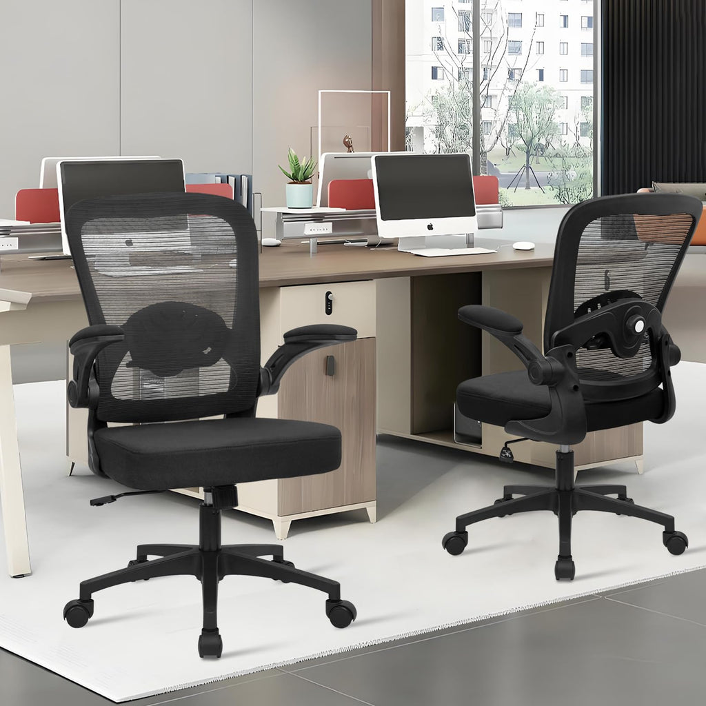 Home Office Desk Chair with Flip Up Armrests, Mesh Back Chair with Adjustable Height Lumbar Support, Ergonomic Computer Task Chair with Wheels for School, Conference, Black