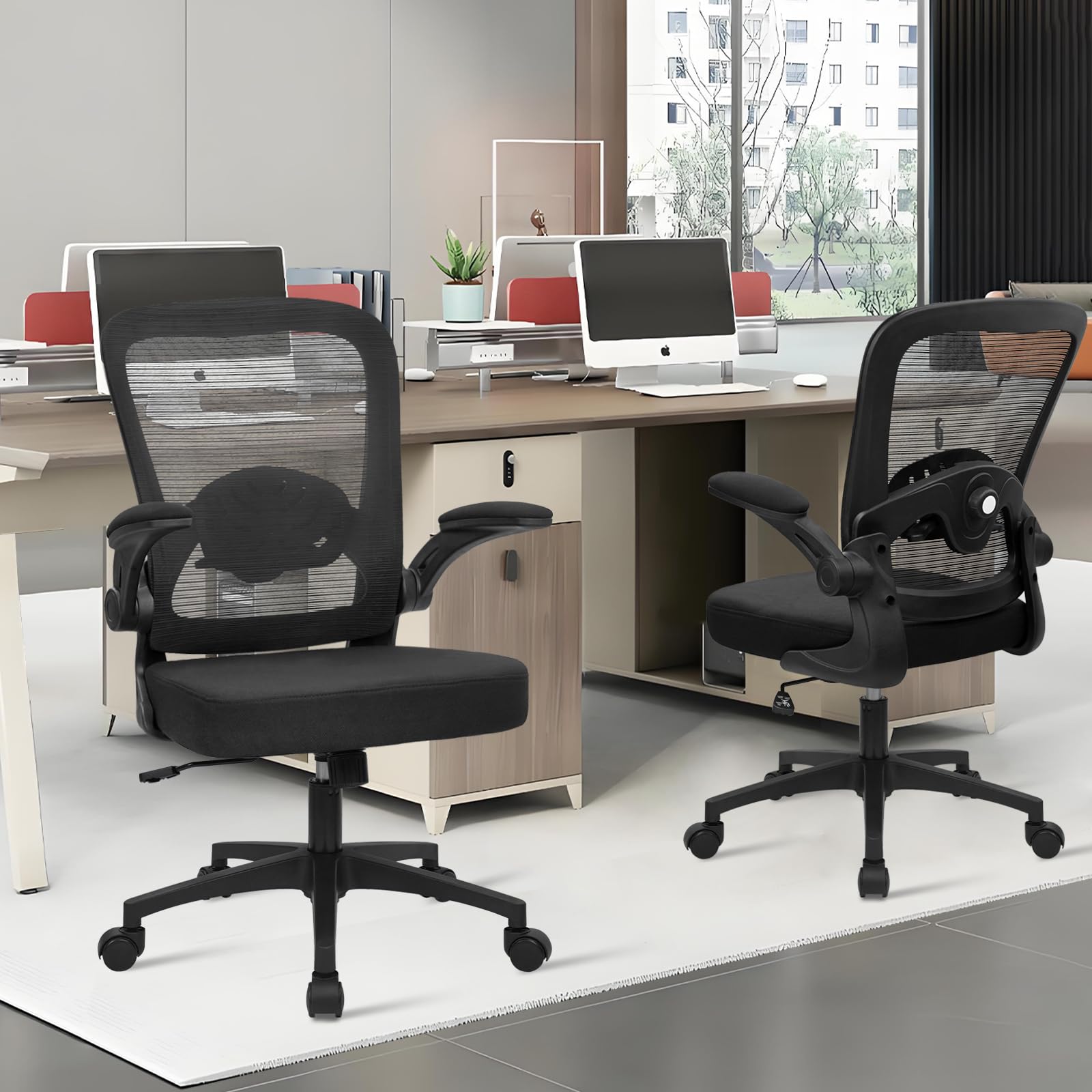 Home Office Desk Chair with Flip Up Armrests, Mesh Back Chair with Adjustable Height Lumbar Support, Ergonomic Computer Task Chair with Wheels for School, Conference, Black(4PK)