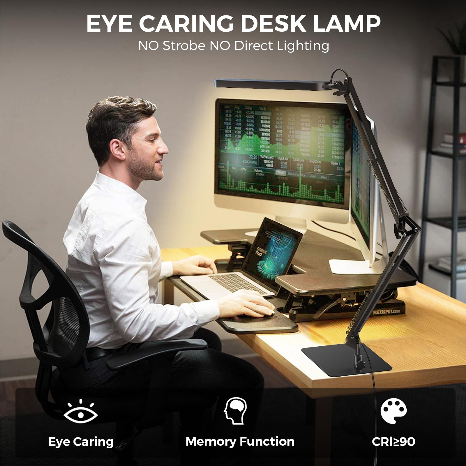 LED Desk Lamp with Slim Base - Adjustable Swing Arm Desk Light, Dimmable, Timer, Eye Protection, Memory Function, 1300LM, 12W, Black