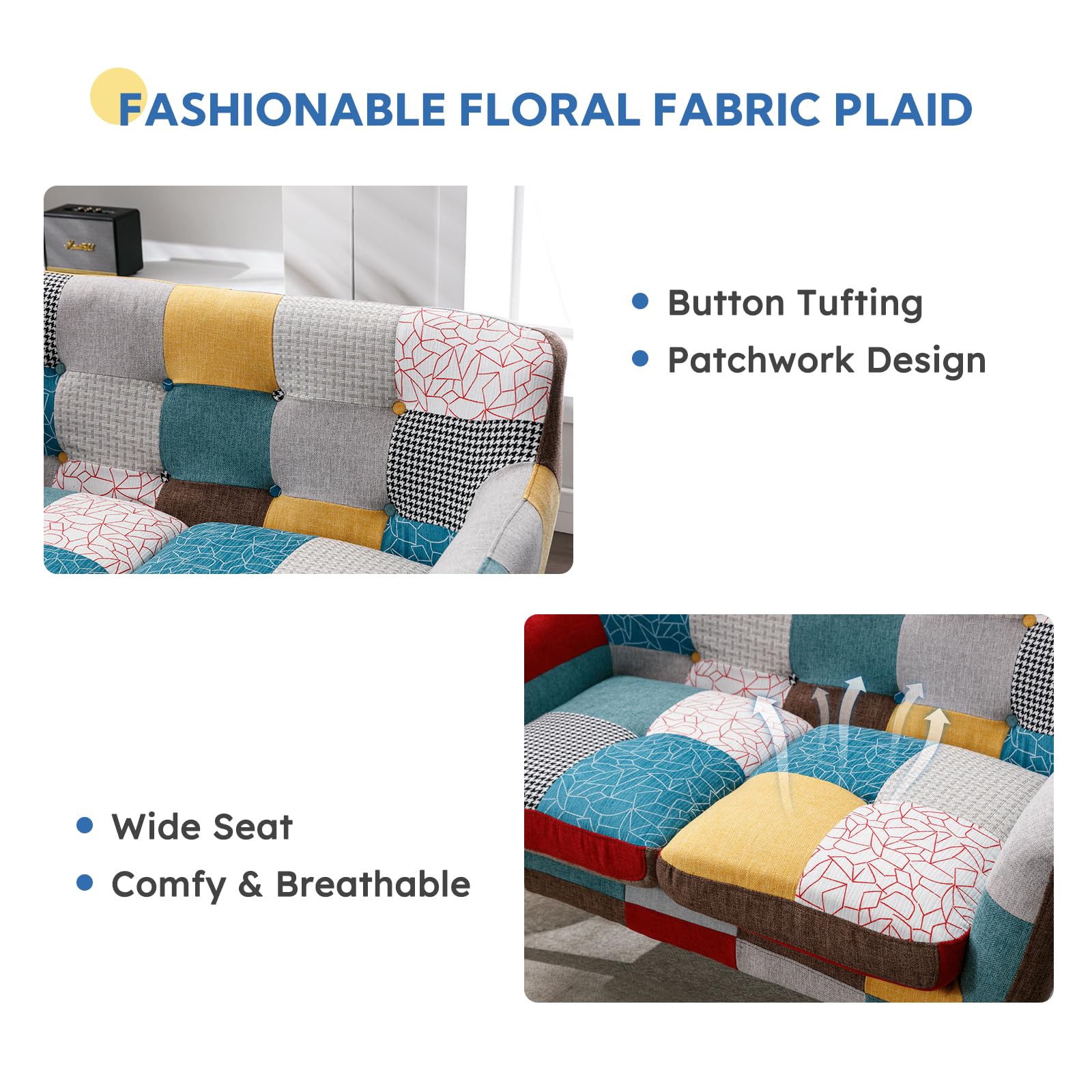 Modern Boho Loveseat Couch Sofa Chair for Living Room Bedroom, Upholstered Colorful Plaid Fabric 2-Seat Love Seat Sofa with Wood Leg for Small Space, One Loveseat