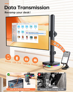 RGB Single Monitor Desk Mount, Monitor Arm with 3 USB Ports, Charging and USB Data Transfer Function, Desk Mount for 13